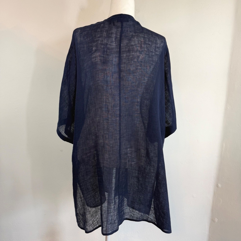 Soft Surroundings Linen Kimono Cardigan Large Navy Sheer Coastal Lagenlook Boho - Picture 6 of 13